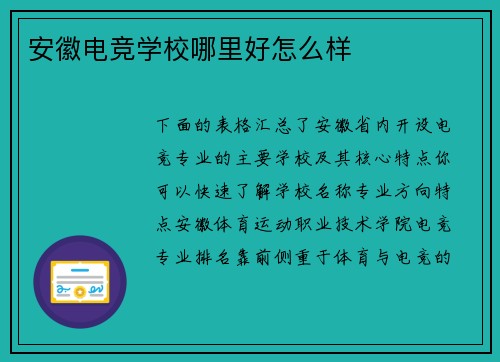 安徽电竞学校哪里好怎么样